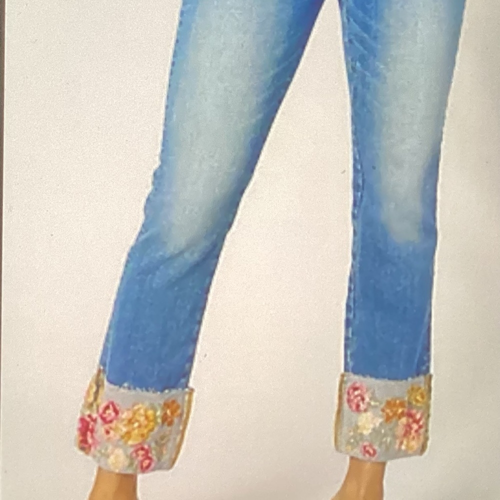 DRIFTWOOD Blue Straight Leg Jeans with Floral Hem